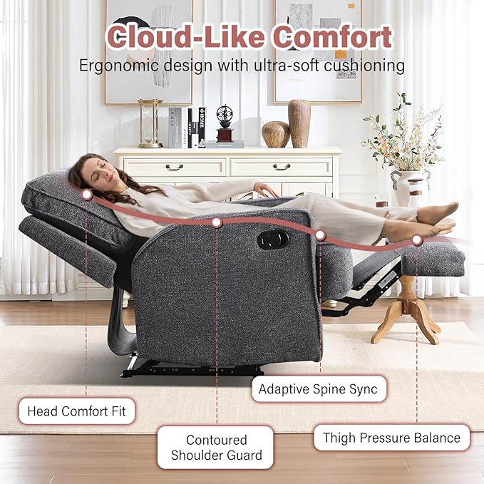 INZOY Manual Recliner with Thicker Backrest Soft Fabric Recliner Chair with Overstuffed Cushion Heavy Duty Reclining Sofa for Living Room Bedroom Apartment Grey