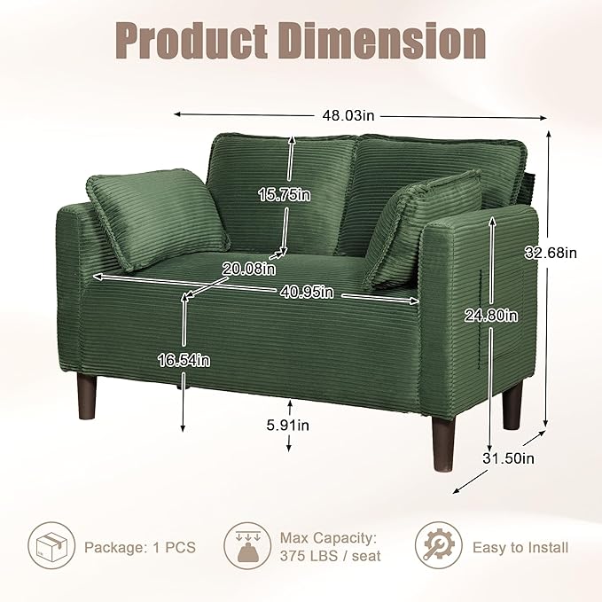 48 Corduroy Loveseat Sofa Small Couches for Living Room Green Couch for Bedroom Apartment Dorm 2 Seater Mini Sofa with Side Pocket High Rebound Sponge Cushion Easy Assembly (Green)