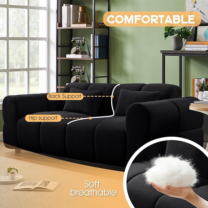 80 Modern Sofa Couch Comfy Deep Seat Lambswool Cloud Sofa Upholstered 3-Seater Boucle Couch Oversized Loveseat for Living Room Bedroom Office Apartment(Black)