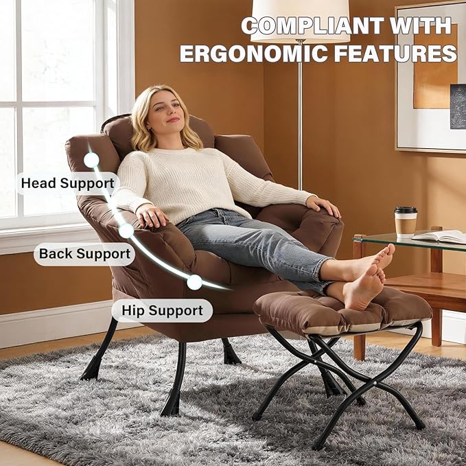 Lazy Chair with Folding Ottoman Modern Accent Armchair with Armrests and a Side Pocket &amp Foldable Footstool Reading Chair for Living Room Bedroom Dorm &amp Office Dark Brown
