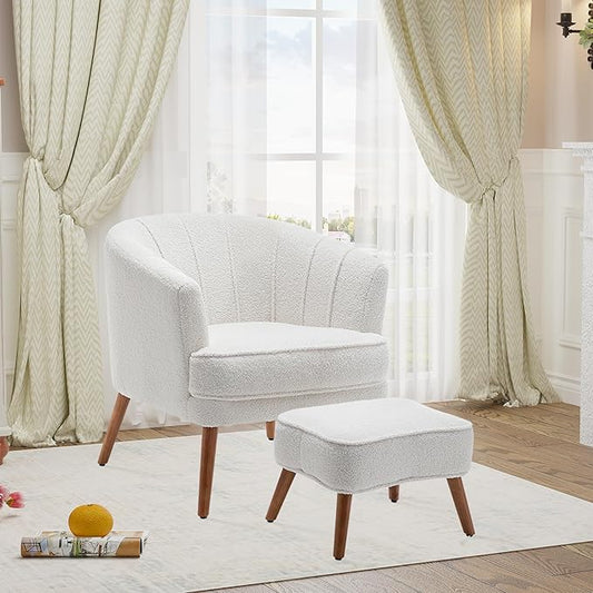 Accent Chairs with Ottoman for Living Room Bedroom Office Sherpa Upholstered Single Sofa Chair Arm Chair Comfy Chair Reading Club Coffee Chair with Metal Legs White