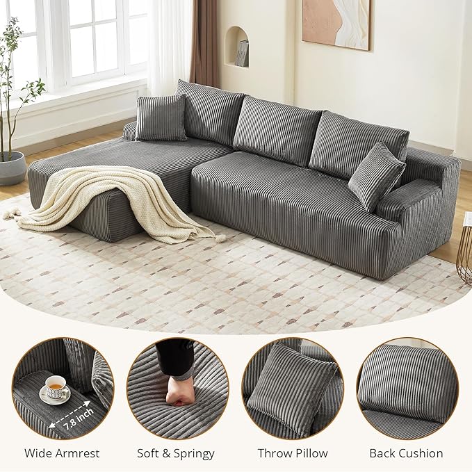 Sectional Cloud Boneless Couch 106 Modern Comfy L-Shape Corner No Assembly Required Convertible Compression Sleeper Modular Sofa with Corduroy Fabric Deep Seat Loveseat + Chaise for Living Room