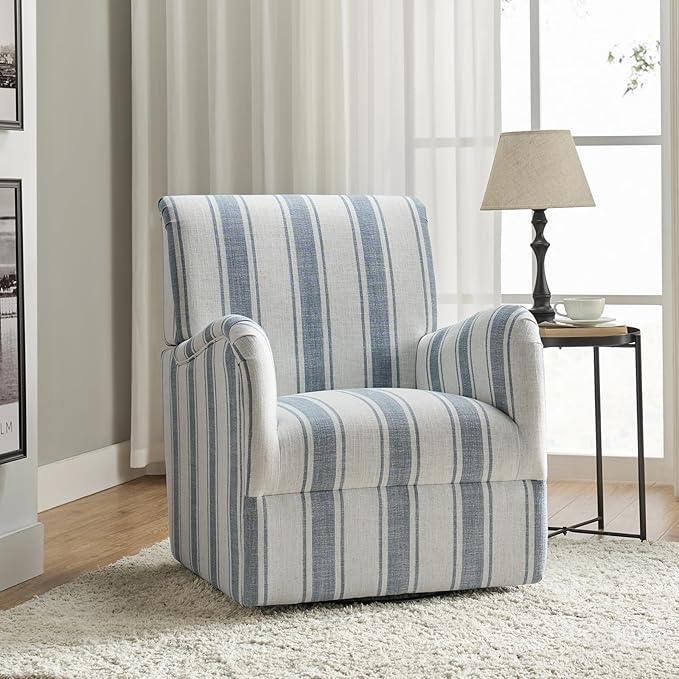 HULALA HOME Swivel Accent Chairs Set of 2 with Stripe Pattern Farmhouse Fabric Upholstered Armchairs with Metal Base 360° Swivel Traditional Sofa Chairs for Living Room Bedroom Blue