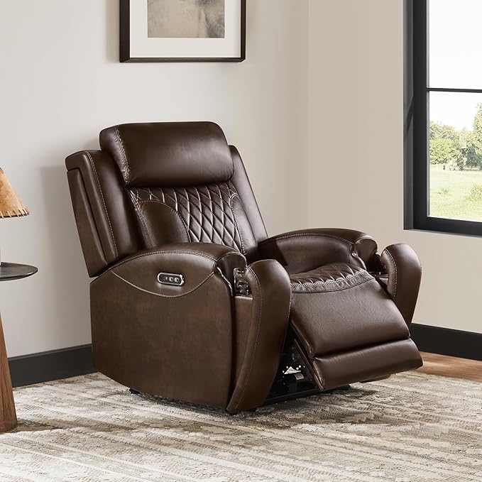 CHITA Genuine Leather Recliner Chair for Adults with Adjustable Power Headrest Lay Flat Power Recliner with Slide-Out Cupholders &amp USB/Type-C Ports Living Room Chair Brown