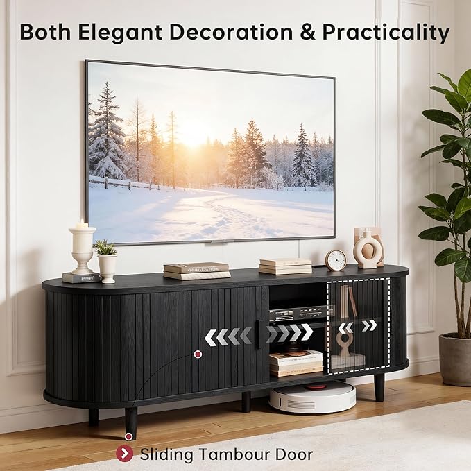 58 Mid Century Modern TV Stand Wood TV Consoles with Sliding Doors and Power Outlet Fluted Entertainment Center with Adjustable Shelves Media Console for Living Room Black