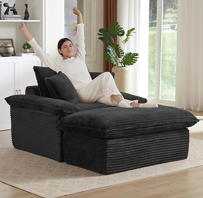 Oversized Chaise Lounge Chair Indoor Upholstered Corduroy Couch with 3 PillowsComfy Fluffy Cloud CouchSingle Sleeper Sofa Chair for Livingroom (Black+Ottoman 52W X 70.87D)