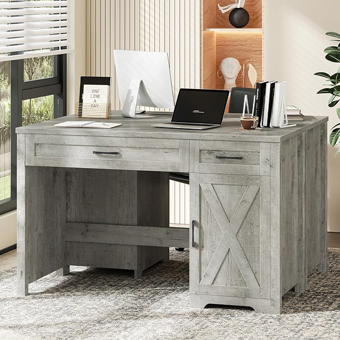 Vabches Farmhouse 51 Executive DeskComputer Desk with Drawers and Storage Cabinet Workspace for Home Office and Study.Grey