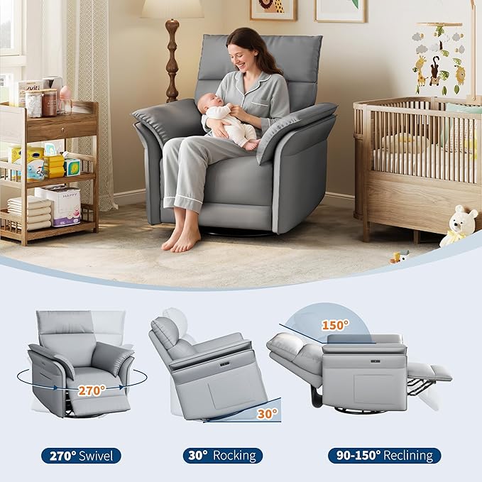 GarveeHome Power Recliner Chair with Side Pockets 270° Swivel &amp Glider USB Charging Port PU Leather Thickened Dual-Layer Armrests Modern Recliner for Living Room Bedroom (Silver)