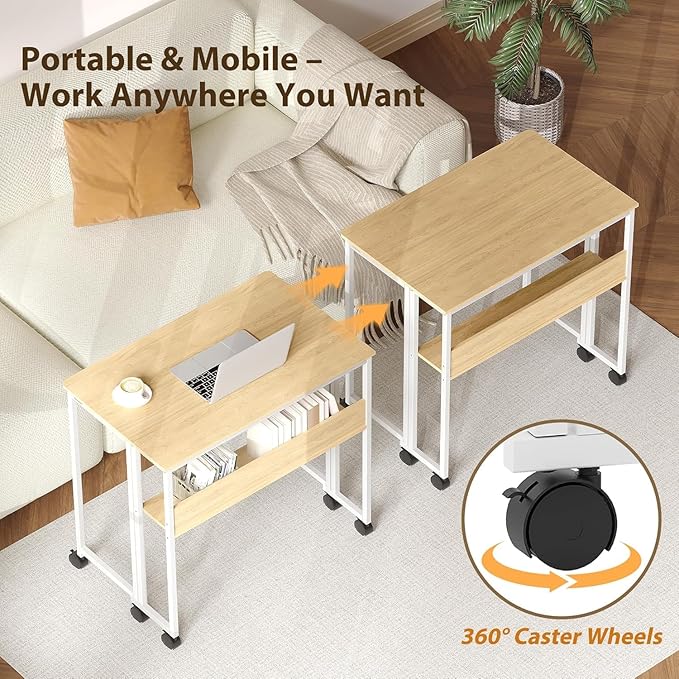 Folding Rolling Desk with Storage Shelf Space-Saving Foldable Computer Table on Wheels Sturdy Steel Frame Portable Sofa Table for Small Spaces Home Office