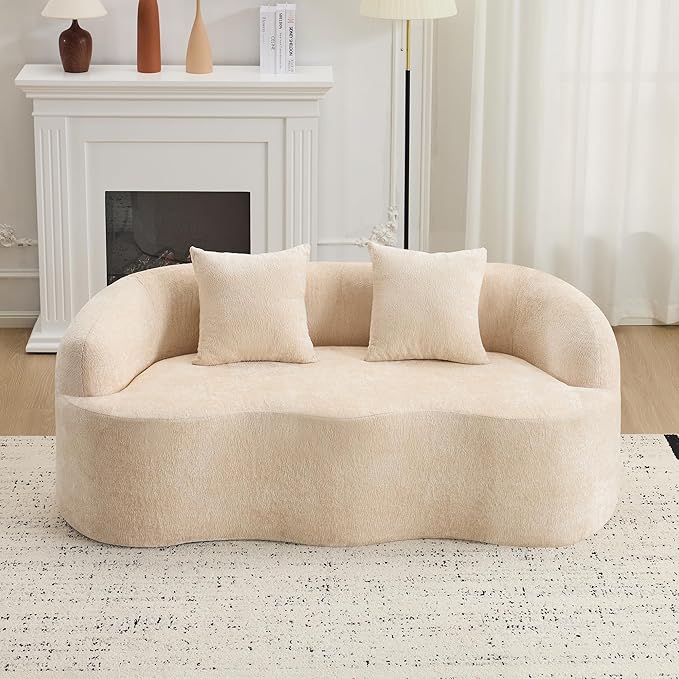 Loveseat Sectional Boneless Sofa for Living Room 67 Chenille Fabric Sofa Deep Seat Curved Cloud Floor Couch with 2 Throw Pillows for Small Spaces Beige