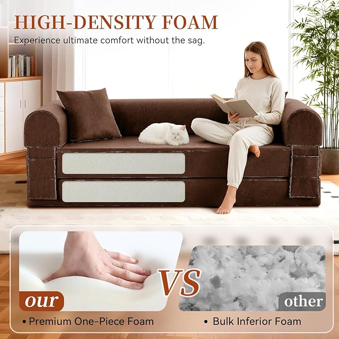 4-in-1 Folding Convertible Sofa Bed 78 Inch Faux Leather Boneless Couch Loveseat Sleeper with Pull Out Bed Floor Sofa Modular Futon Teddy Sofa for Living Room Bedroom Lounge Brown