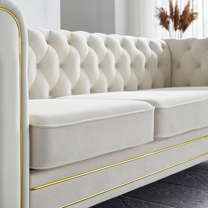 Homtique 84 Modern Sofa Couch for Living Room 3 Seater Couch Comfy Velvet Sofa Button Tufted Rolled Arms and Gold Legs Chesterfield for Home Studio/Office Bedroom Beige