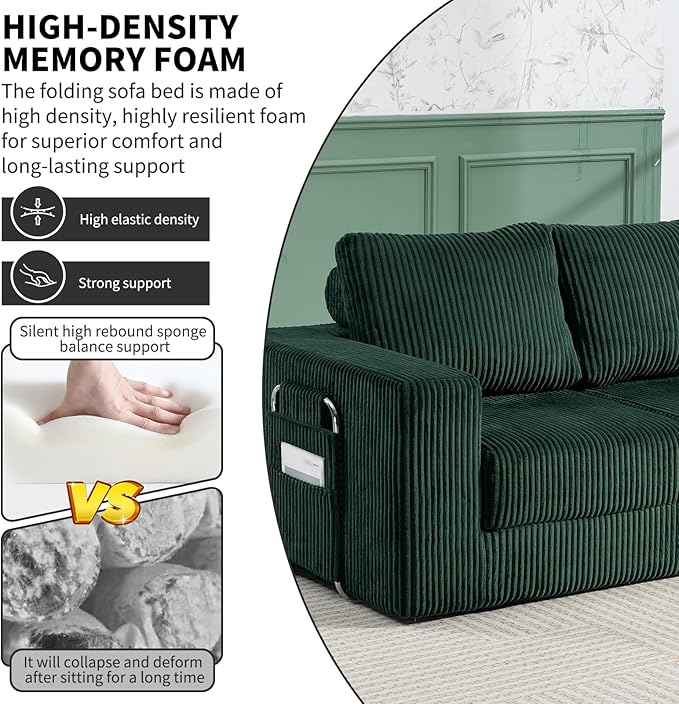 J.C.UP 69'' Convertible Sofa Bed Pull Out Loveseat Sleeper Sofa 2 Seater Boneless Folding Sofa Bed Floor Couch with Deep Seat Chaise Lounge for Living Room Bedroom No Assembly Required Green