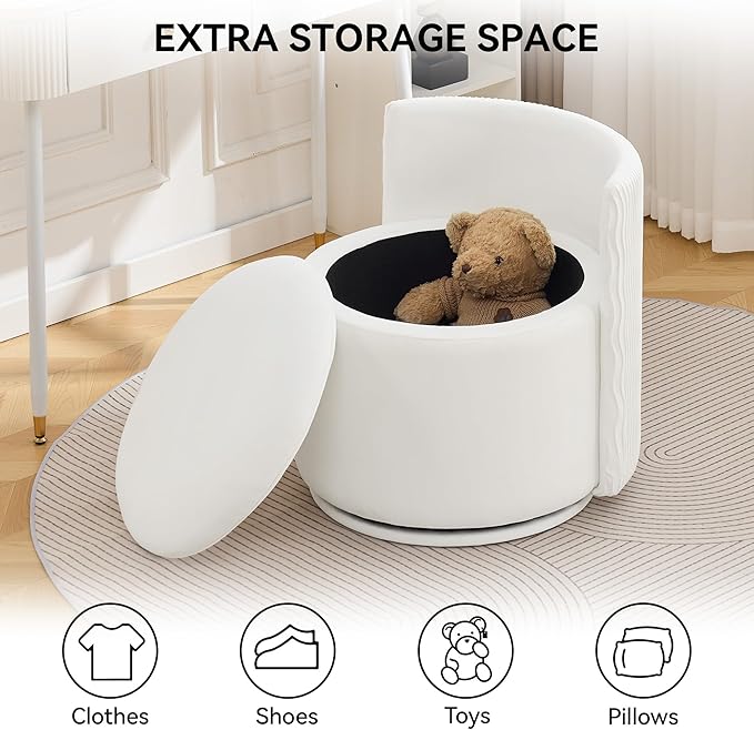 Large Velvet Vanity Chair with Storage 360° Swivel Makeup Chair with Wave Back No Assembly Small Accent Stool for Bedroom Dressing Living Room White