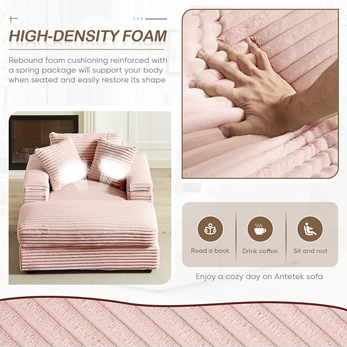 Chaise Lounge Chair Indoor 44 Inch Comfy Corduroy Sectional Cloud Couch Upholstered Single Sofa w/Movable Ottoman for Living Room Bedroom Apartment Pink