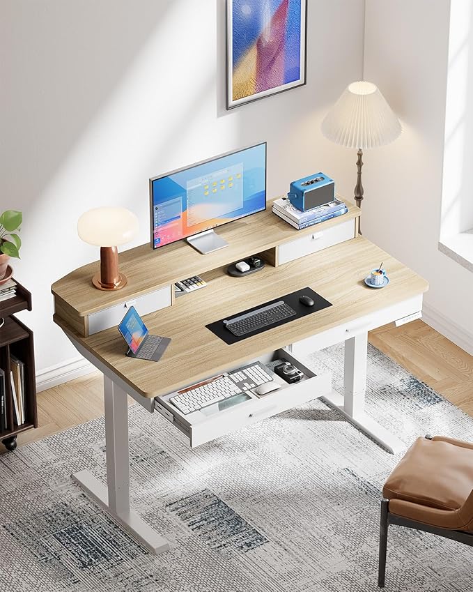 HUANUO 55 x 30 inch Electric Standing Desk with Wood Drawers Adjustable Height Sit Stand Home Office Desk with Two Tiers Ergonomic Adjustable Stand up Desk C-Clamp Monitor Mount Compatible Natural