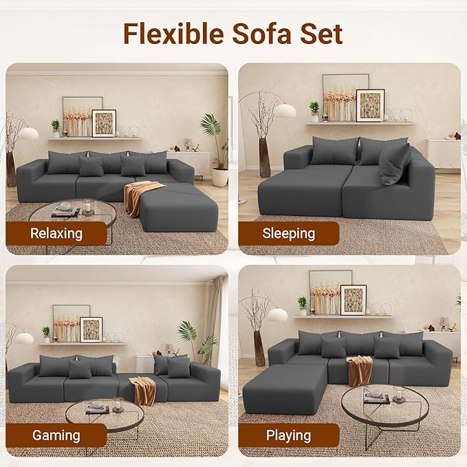 Cloud Modular Sectional Sofa for Living Room L Shaped Sectional Couch with Deep Seat 3-Seater Boneless Couch with Ottoman in Soft Corduroy Fabric Gray