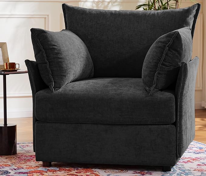 ABCASA Black Oversized Accent Chair with Removable &amp Washable Chenille Cover Modern Mid-Century Upholstered Armchair Deep Seat Comfy Reading Chair for Living Room Pet &amp Kid Friendly
