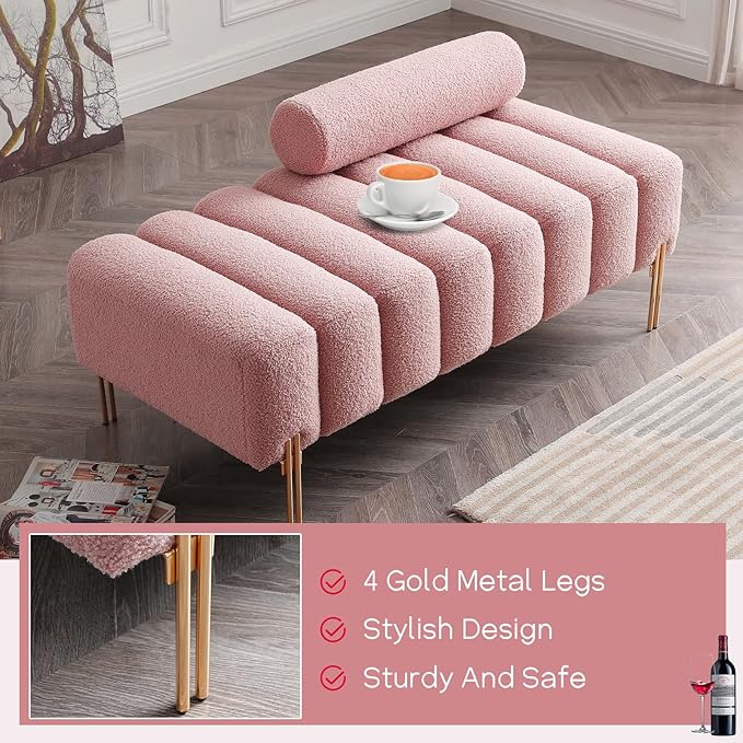 NIOIIKIT 53.2 Modern Loveseat Sofa Couch Upholstered Accent Sofa with Golden Legs and Adjustable Backrest Small Teddy Fleece Couches for Bedroom Living Room Compact Small Space (Pink Teddy)