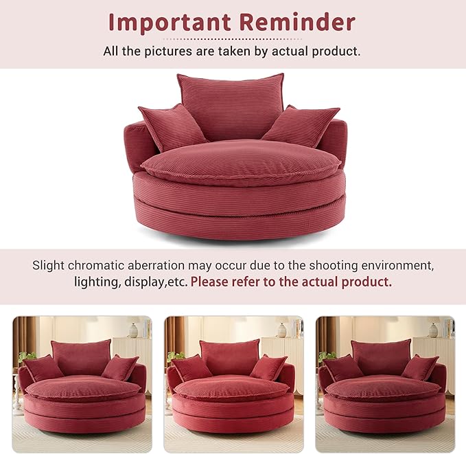 P PURLVOE 360° Swivel Barrel Chair with 3 Movable Pillows Modern Corduroy Round Sofa Chair with Dual-Layer Cushion Design for Living Room Bedroom Office and Hotel (Red)