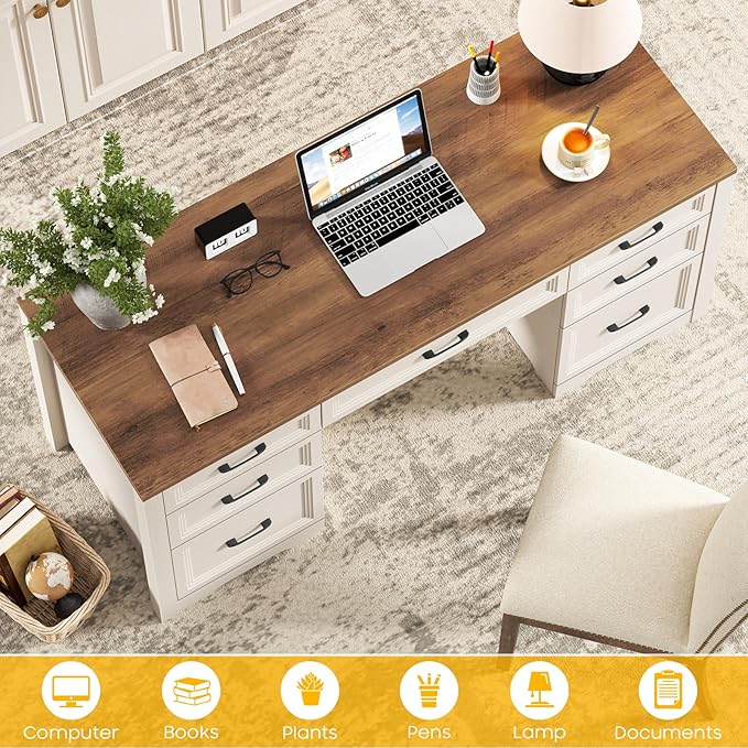 Vabches Farmhouse Executive Desk with File Drawer Home Office Desk with Ample Storage Rustic Office Desk with Spacious Tabletop for Work Brown