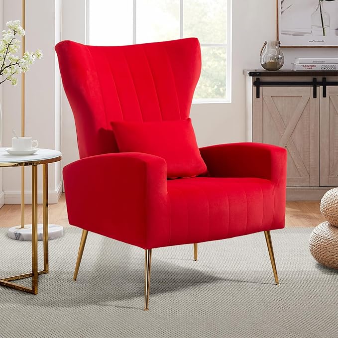 Modern Living Room Chairs Velvet Accent Chair Armchair with Lumbar Pillow High Back Bedroom Chairs Vanity Chair Barrel Chair Arm Chair with Gold Legs Red