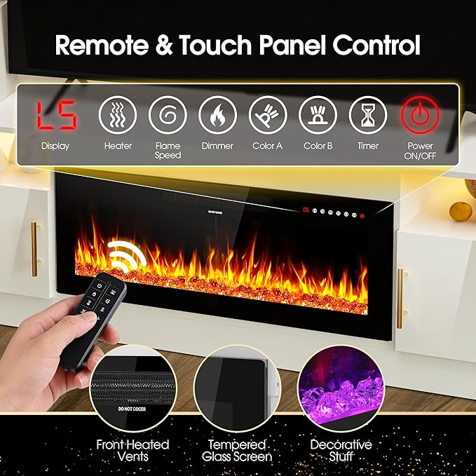 AHB Fireplace TV Stand 80 Inch LED Light Entertainment Center with 36 Electric Fireplace Storage Cabinet and Door Handles Media Console Table for TVs Up to 90 Inches Ideal for Living Room