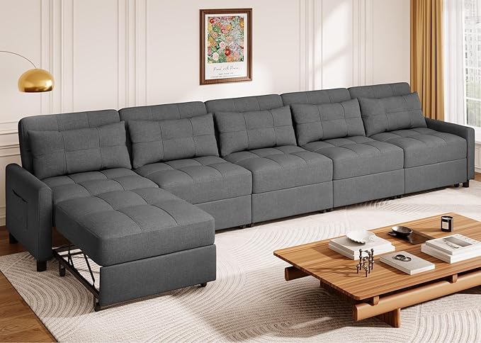 Aiho Pull Out Couch Convertible Sofa Bed with Adjustable Backrest 5 Seater Sectional Sleeper Sofa Couch Bed with Spring Support for Apartment Living Room Dark Grey