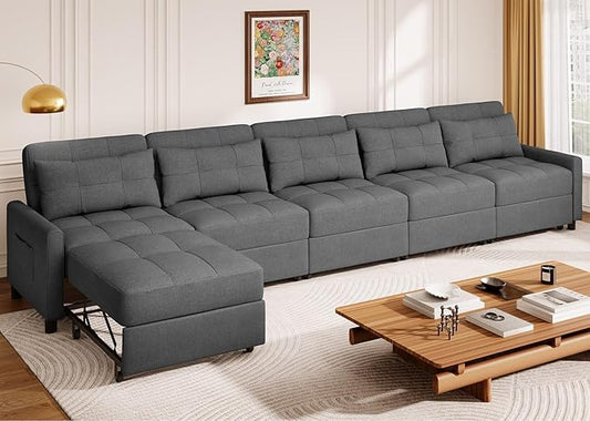 Aiho Pull Out Couch Convertible Sofa Bed with Adjustable Backrest 5 Seater Sectional Sleeper Sofa Couch Bed with Spring Support for Apartment Living Room Dark Grey