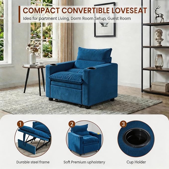 Casaphoria Convertible Sleeper Chair 66.54 Futon Sofa Bed Single Sleeper Sofa Small Couch Bed with Adjustable Backrest for College Dorm Bedroom Studio Apartment