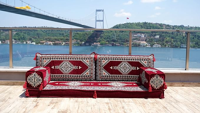 Single Arabic Floor Seating Cushions Arabic Majlis Floor Sofa Reading Nook Loveseat Sofa Single Floor Couch Ottoman Floor Pillows (Maroon)