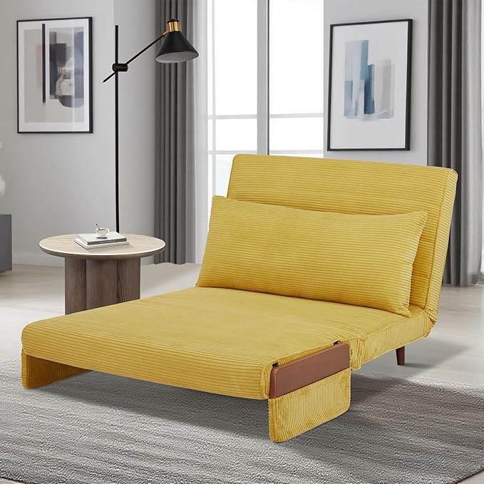 3-in-1 Convertible Sofa Bed Futon Loveseat Couch with Pillow Adjustable Backrest &amp Removable Armrests Recliner Sleeper Sofa for Small Spaces Living Room Bedroom or Office Mustard Yellow