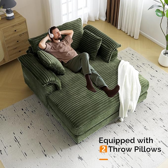 VINGLI Lounge Chair 56 Oversized Reading Chair Corduroy Chaise Sofa Recliner Bed Upholstered Comfy Sleeper Couch with Throw Pillows and Armrests for Living Room Movie Room Bedroom