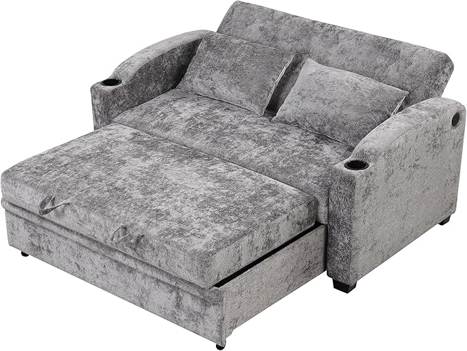 Convertible Loveseat Sofa with Adjsutable Backrest 61.6 Pull Out Sofa Bed with 2 Throws Pillows Cup Holders Chenille Loveseat Couch for Living Room Apartment (GrayCup Holders 4)