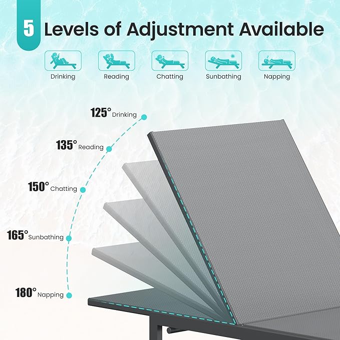 3 Piece Patio Lounge Chair Set Adjustable Outdoor Chaise Lounge with Heavy-Duty Steel Frame Weather Resistant Pool Lounge Furniture Set with Side Table for Backyard Beach 400 LBS Capacity(Gray)