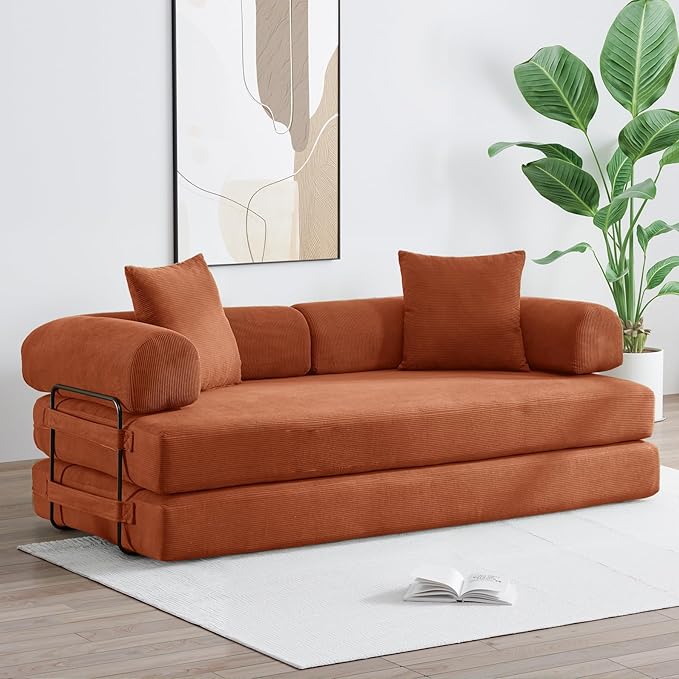 79 Inch Convertible Sleeper Sofa Bed 5 in-1 Boneless Floor Couch Bed with Fixed-Shape Frame Modular Floor Sofa Futon Couch for Living Room RV Studio Bedroom Small Spaces Orange
