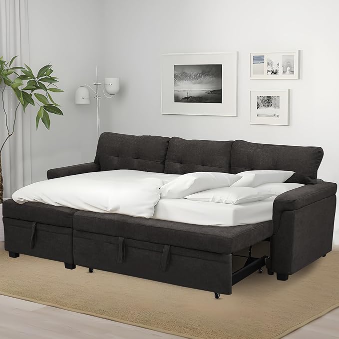 Naomi Home L Shaped Sectional Couch with Storage &amp Pull Out Bed – 3-in-1 Convertible Sleeper Sofa Bed Small L Shape Sofa for Living Room Sofa Bed with Storage Chaise in Espresso Velvet