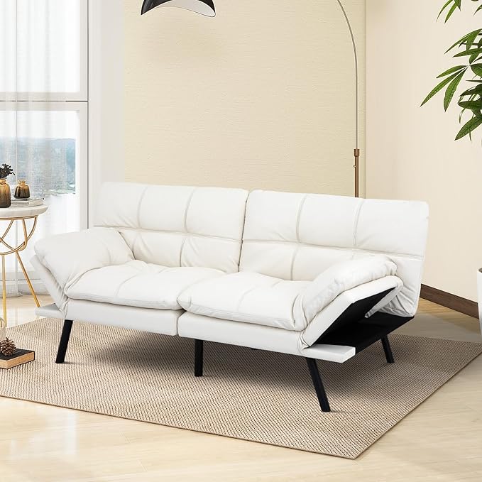 MUUEGM Futon Sofa Bed Convertible CouchMemory Foam Futon Sofa CouchSleeper Futons Sofa CouchesSmall Splitback Modern Loveseat Sofa Bed for Living RoomOfficeApartmentFaux LeatherWhite.