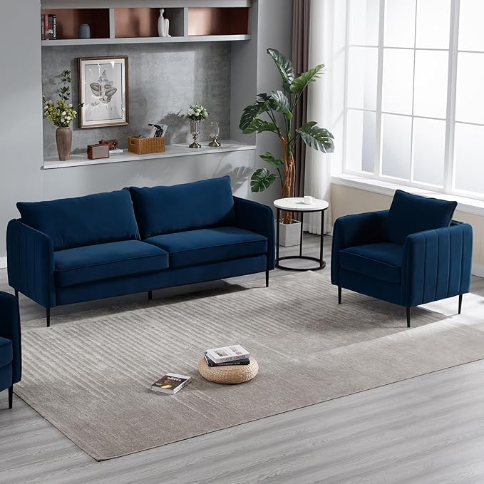 Velvet Accent Chair Comfy Upholstered Armchair Living Room Single Reading Chair with Metal Legs for Living Room Bedroom Office (Navy Chair)