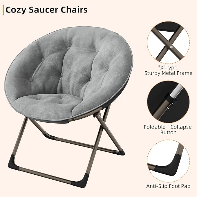 Garvee Saucer Chair Comfy Chair Faux Fur Lounge Moon Chair with Folding Metal Frame Oversized Plush Foldable Flower Accent Seat for Adults Teens Bedroom Dorm or Living Room(1PCS Grey)