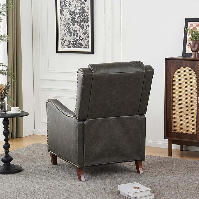Leather Pushback Recliner Chair PU Leather Push Back Armchair Upholstered Recliner Chair 105-135 Degree Adjustable Retro Accent Chair for Living Room Bedroom - Gray