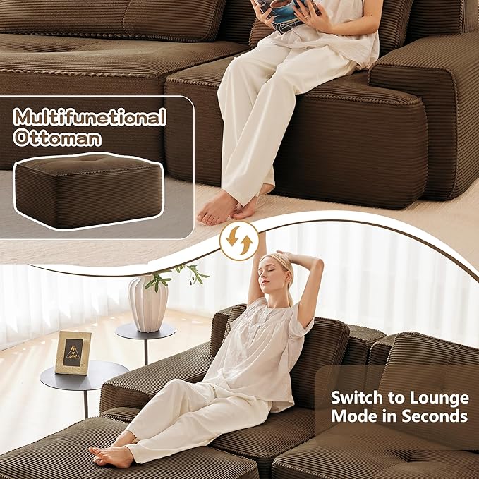 Boneless Couch Modular Sectional Sofa 117 Modern Cloud Couch with Deep Seat Comfy Corduroy U Shaped Sectional Couches for Living Room 3 Seater Tufted Floor Sofa with Movable Ottoman Brown