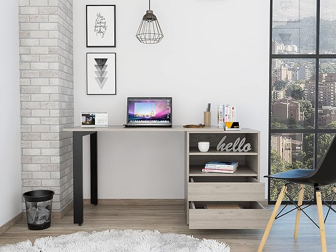 Home Office Desk Modern Writing Desk with File Drawer Two Drawers Two Shelves -Light Gray