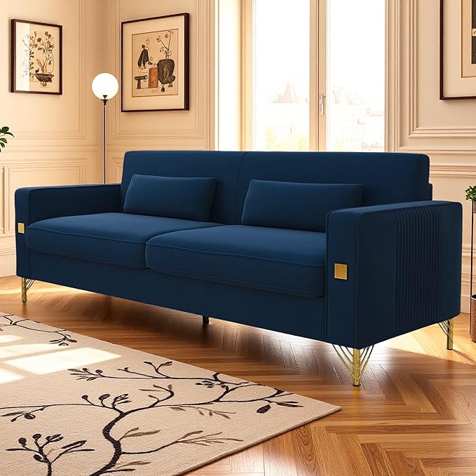 KEIKI 86 Oversized Luxury Velvet Sofa with Armrest and Removable Plush Cushions Gold Accents 3-Seater Couch with Solid Legs Easy Assembly for Living Room Bedroom Apartment Blue