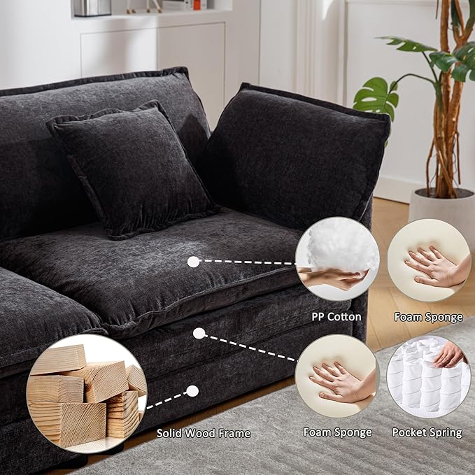 76.7 Black Chenille Loveseat Sofa Oversized 2 Seater Cloud Sectional Couch Modern Large Luxury Love Seat for Living Room Bedroom Apartment Office