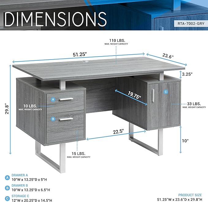 Techni Mobili Modern Office Desk with Storage Gray