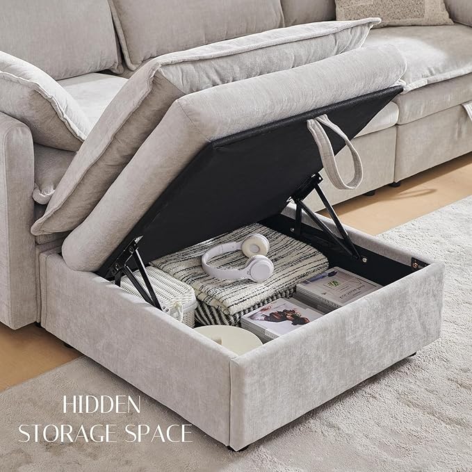 88.98 Cloud Couch Sectional with Storage Ottoman Sectional Couches for Living Room U-Shape Modular Sectional Sofa with 5 Seater Chenille Sofa and Pillow for Apartment BedroomLight Grey