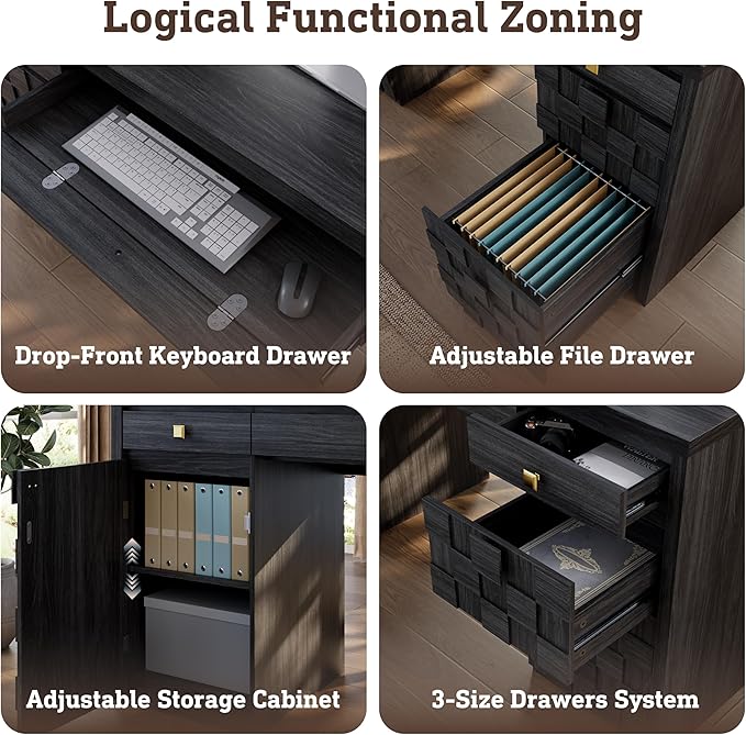 58 Executive Desk with Drawers Home Office Desk with Charging Station &amp Keyboard Tray Wood Office Desk with File Drawer &amp Storage Cabinet Modern Computer Writing Desk with Adjustable Shelf
