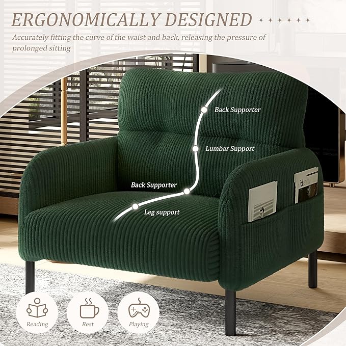 Emerald Accent Chair - Corduroy Living Room Chairs with Side Storage Pockets and Durable Legs Comfy Arm Reading Chair with Soft Backrest for Bedroom Balcony Study Room