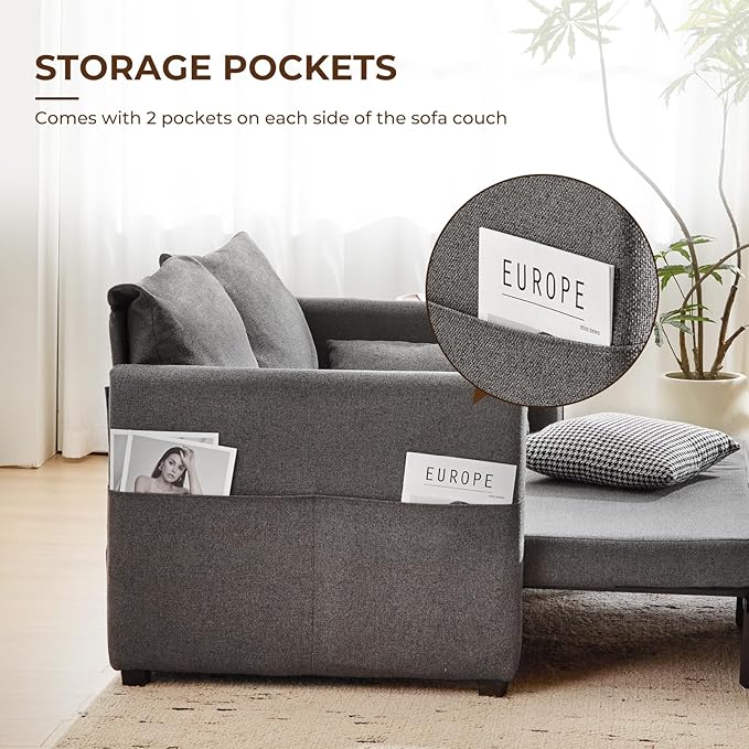 Furnimart 62 Queen Sleeper Sofa 3 in 1 Convertible Loveseat Sleeper Pull Out Sofa Bed with 6-Position Adjustable Backrest Modern Futon Couch for Living Room Apartment RV Linen Dark Grey